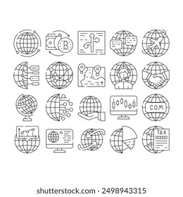 Globalization Worldwide Business Icons Set Vector. Internet Marketing And Trade Market, Digitalization And Analytics Globalization, International Finance Currency Contour Illustrations