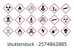 Globally Harmonized Line Editable Icons set. Includes Chemicals, Explosive, Flammable, Oxidizing, Compressed Gas, Corrosive, Toxic, Harmful, Health hazard and Environmental hazard.