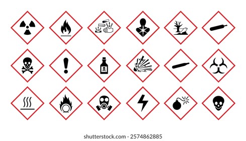 Globally Harmonized Line Editable Icons set. Includes Chemicals, Explosive, Flammable, Oxidizing, Compressed Gas, Corrosive, Toxic, Harmful, Health hazard and Environmental hazard.