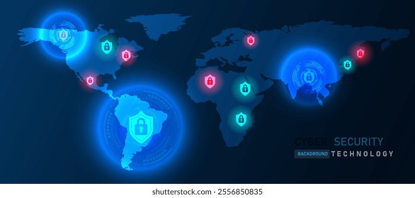 globally interconnected cyber world adorned with vibrant shields symbolizing robust security systems,Futuristic concept of a global network protected by advanced security measures.