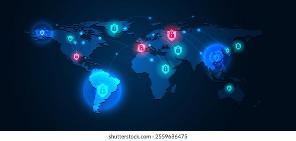 globally interconnected cyber world adorned with vibrant shields symbolizing robust security systems,Futuristic concept of a global network protected by advanced security measures.