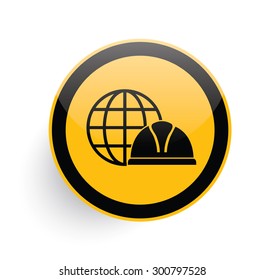Global,safety hat icon on yellow button background,clean vector
