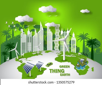 The Globas ,windmill and solar panels on the grass ,Environmentally friendly world. Vector illustration of ecology,concept protect the environment and The earth