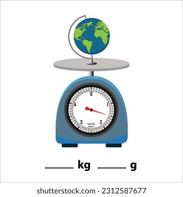 Globe 1.5kg on a weighing scale, isolate on white background. Weight balance vector illustration. Equilibrium comparison sign business concept. Food weight kitchen illustration.