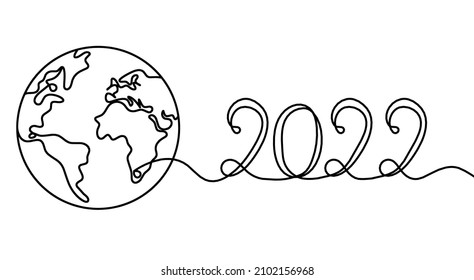 Globe with 2022 year as line drawing on white background. Vector
