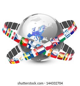 globe with 28 european union countries and flags