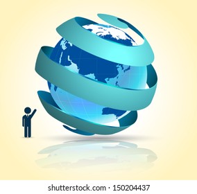Globe 3d with twine ribbon smooth vector shadows and business man icon