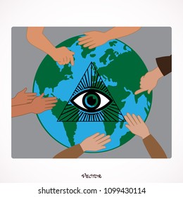 Globe above table, masonic symbol, human hands during business discussion. New World Order.