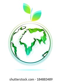 Globe abstract icon with green leaf and map of the continents of the world, VECTOR