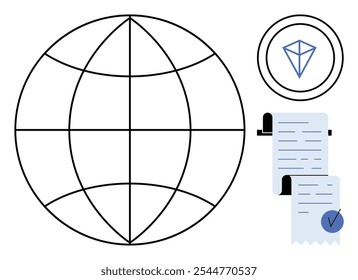 A globe and abstract icon suggesting worldwide connectivity, cryptocurrency symbolizing blockchain, and a verified digital contract. Ideal for technology, finance, innovation, globalization
