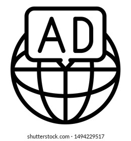 Globe and advertising icon. Outline globe and advertising vector icon for web design isolated on white background
