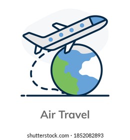 Globe with aeroplane symbolising air travel icon