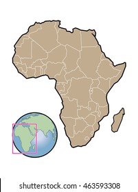 Globe with Africa highlighted and a close up of Africa next to it, with individual countries outlined, vector illustration.