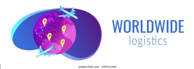 Globe and air cargo trucking and plane logistics network. Global transportation system, worldwide logistics, worldwide delivery service concept. Isometric 3D banner header template copy space.