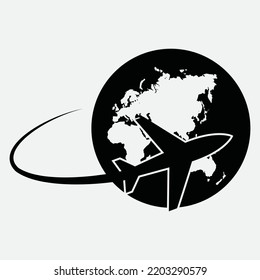 Globe and Air Plane - Travel - Tourism - World Tour Vector black icon