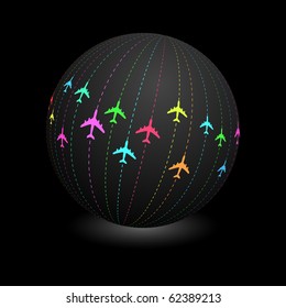 Globe with aircraft signs. Vector illustration.
