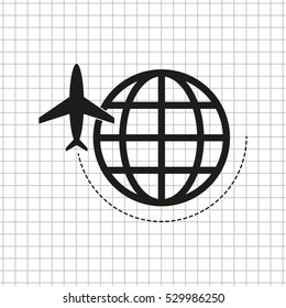 globe with airplane  - black vector icon
