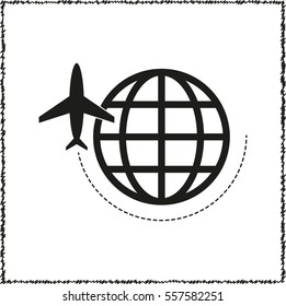 globe with airplane  - black vector icon