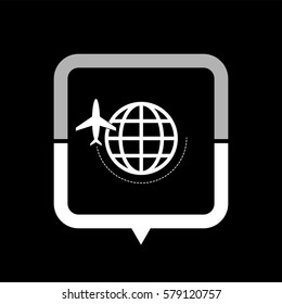 globe with airplane  - black vector icon