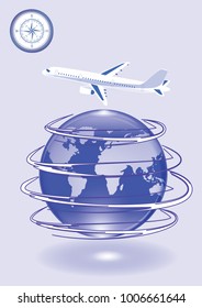 Globe, airplane, compass - isolated on white background - vector illustration. Travel poster