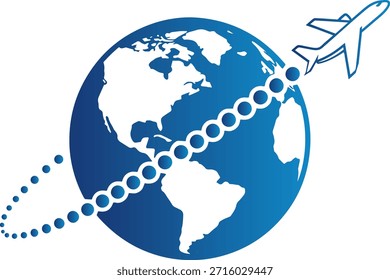 Globo con ruta de vuelo de avión alrededor del mundo. Perfecto para viajes internacionales, aerolíneas y negocios de turismo global. Diseño de Vector de viaje azul en todo el mundo.