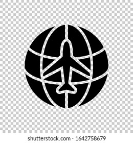 globe with airplane icon flat vector on transparent background