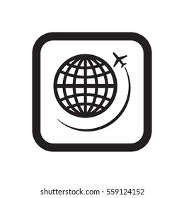 Globe with airplane icon, isolated. Flat design.