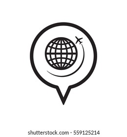 Globe with airplane icon, isolated. Flat design.