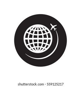 Globe with airplane icon, isolated. Flat design.