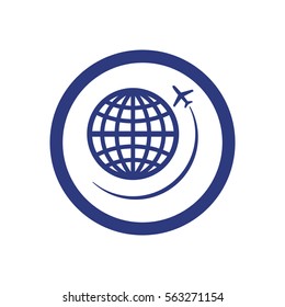Globe with airplane icon, isolated. Flat design.