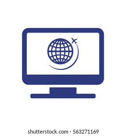 Globe with airplane icon, isolated. Flat design.