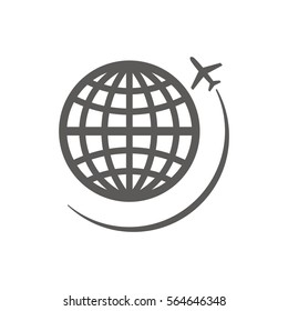 Globe with airplane icon, isolated. Flat design.