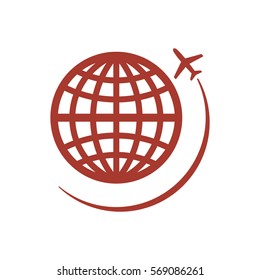 Globe with airplane icon, isolated. Flat design.