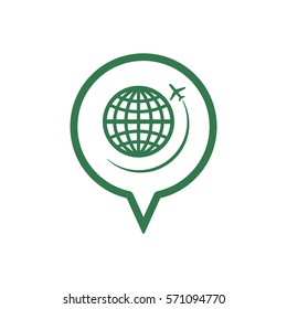 Globe with airplane icon, isolated. Flat design.