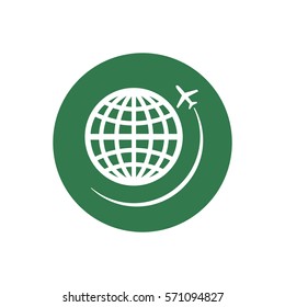 Globe with airplane icon, isolated. Flat design.
