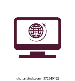 Globe with airplane icon, isolated. Flat design.