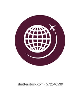 Globe with airplane icon, isolated. Flat design.