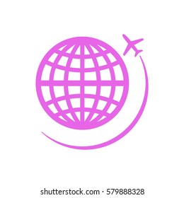 Globe with airplane icon, isolated. Flat design.