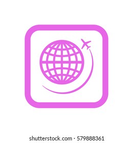 Globe with airplane icon, isolated. Flat design.