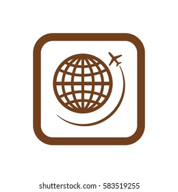 Globe with airplane icon, isolated. Flat design.