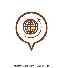 Globe with airplane icon, isolated. Flat design.