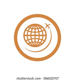 Globe with airplane icon, isolated. Flat design.