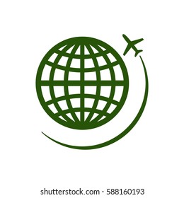 Globe with airplane icon, isolated. Flat design.