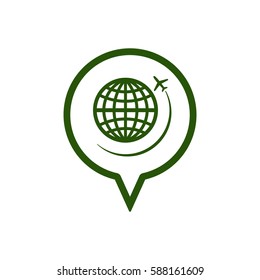 Globe with airplane icon, isolated. Flat design.