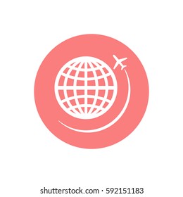Globe with airplane icon, isolated. Flat design.