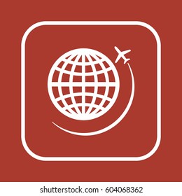 Globe with airplane icon, isolated. Flat design.