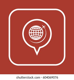 Globe with airplane icon, isolated. Flat design.