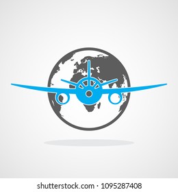 Globe and airplane icon isolated. Vector illustration. Travel concept