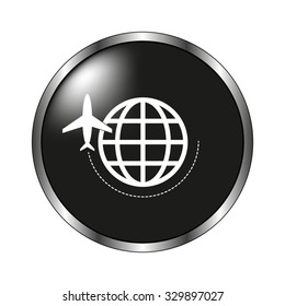 globe with airplane icon - vector button