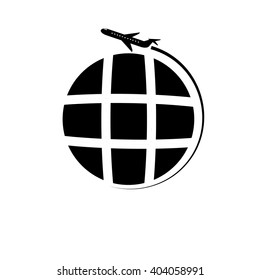 Globe with airplane icon, vector illustration. Flat design style